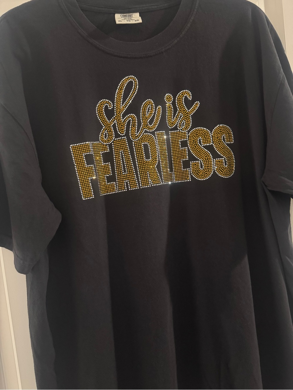 Comfort Colors Black Tee with Gold Rhinestone "She Is Fearless"